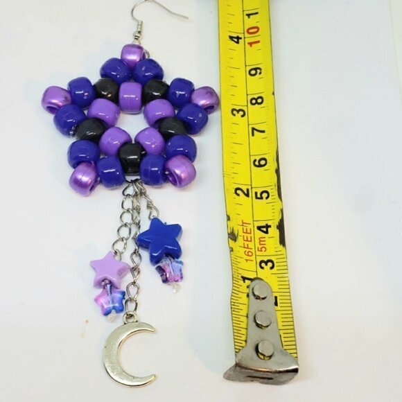 Handmade Purple Blue Galaxy Kandi Star Moon Chain Dangle Earrings - Picture 5 of 5